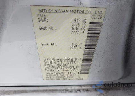 2016 Nissan Altima 2.5 Sr from USA, damaged, VIN 1N4AL3APXGN331163